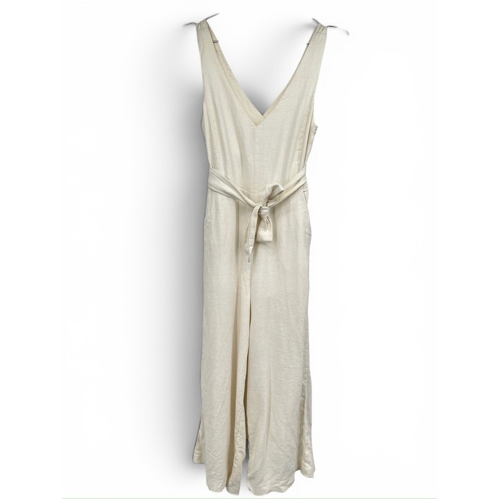 Reset‎ by Jane Cream Linen Blend V-Neck Cutout Back Tie Waist Jumpsuit Cropped S